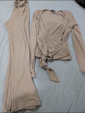 Express Women Beige Ribbed Wrap Top and Wide Leg Pants Set